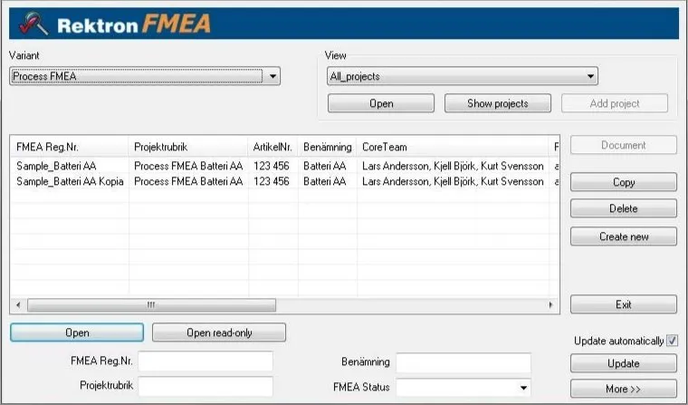 Startdialogen: lista över alla projekt i databasen enligt FMEA-version, med unik sökfunktion.